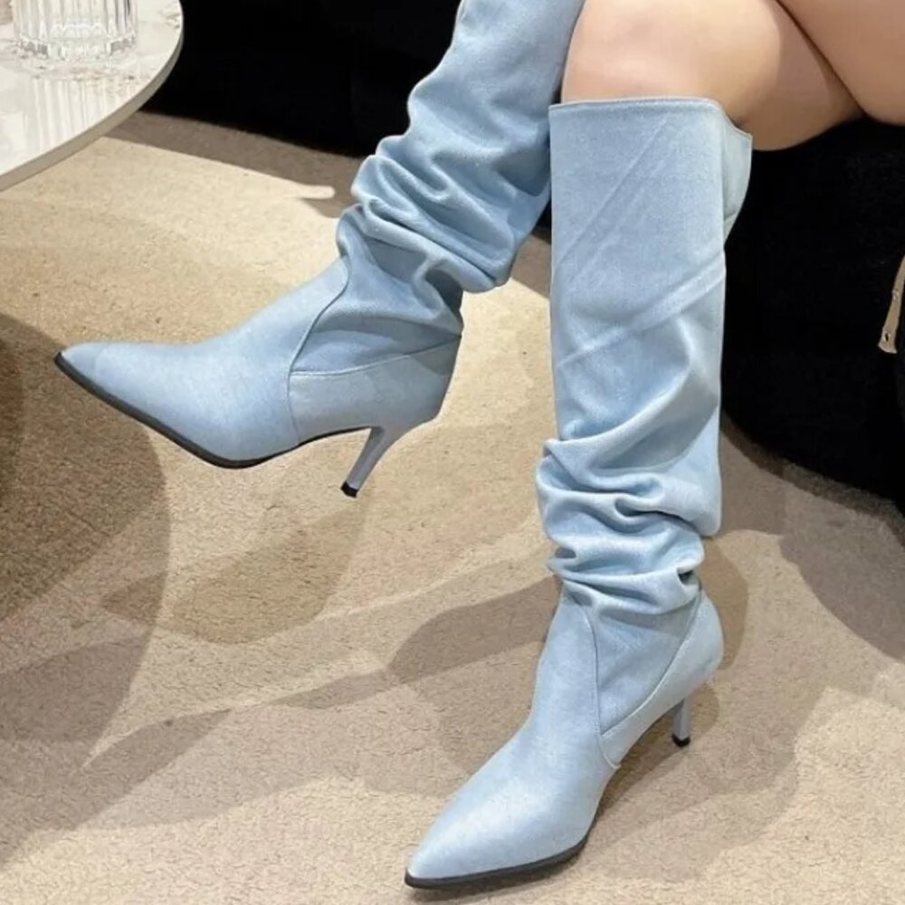 Womens Fashion Pointy Toe Slouchy Denim Knee Boots Sexy Kitten Mid Heels Shoes